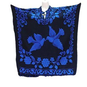 Mexican Women's Jorongo with Dove Design | Acrylic Boho Poncho | Blue